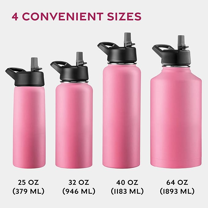 FineDine Triple Walled, Insulated Water Bottles with Straw - 25 Oz Stainless Steel Metal Bottle W/ 3 Leak Proof Lids - For Travel, School, Sports, Gym/Men, Women & Kids - Striking French Rose