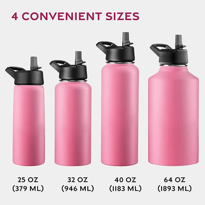 FineDine Triple Walled, Insulated Water Bottles with Straw - 25 Oz Stainless Steel Metal Bottle W/ 3 Leak Proof Lids - For Travel, School, Sports, Gym/Men, Women & Kids - Striking French Rose
