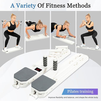 Pilates Reformer Board, 12-in-1 Portable Pilates Board for Home Workout, Core & Abs Toning, Full Body Sculpting Equipment, Pink / White