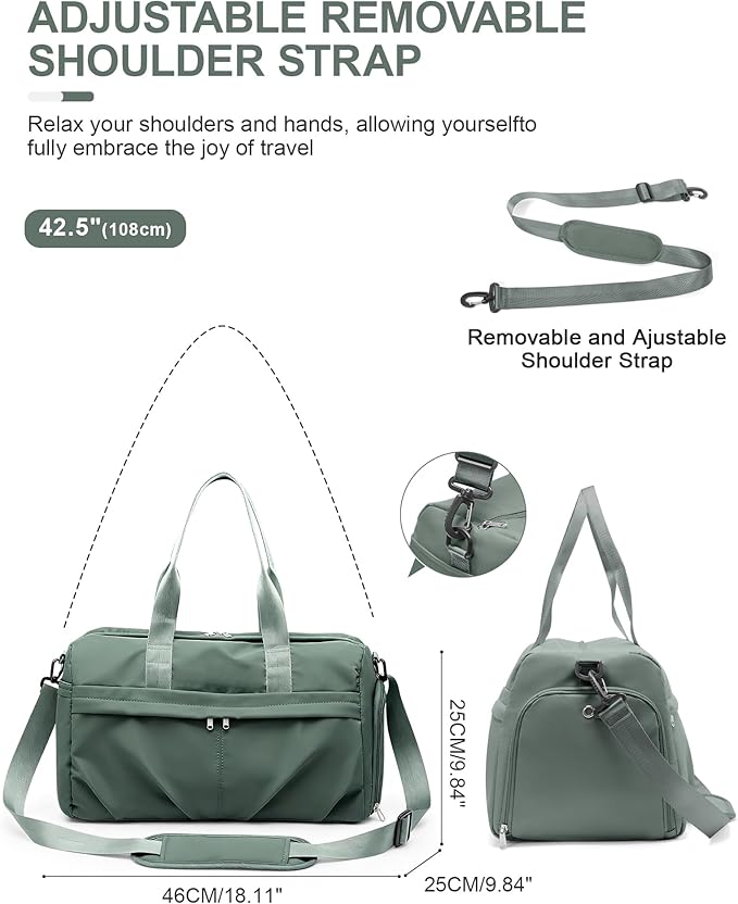Gym Bag for Women Men with Shoe Compartment, Sport Duffel Bag, Waterproof Travel Weekender Overnight Carry on Bag for Yoga with Trolley Sleeve, Green