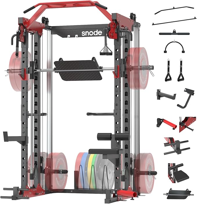 SNODE ALL10 Smith Machine for Home Gym, Power Rack with Cable Crossover, Squat Rack with Leg Press and Advanced LAT Pull-Down Seat, 2000LB Weight Capacity
