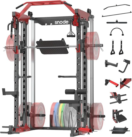 SNODE ALL10 Smith Machine for Home Gym, Power Rack with Cable Crossover, Squat Rack with Leg Press and Advanced LAT Pull-Down Seat, 2000LB Weight Capacity