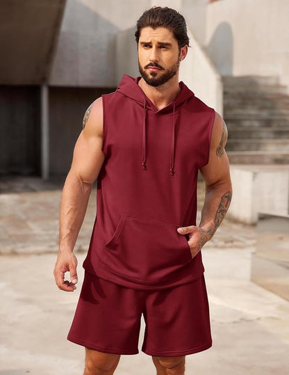 COOFANDY Mens Sleeveless Workout Hoodie Shorts Set 2 Piece Outfits Hooded Tank Tops Gym Tracksuit Sweatsuits