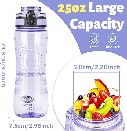 OLDLEY 25 oz Water Bottle, Motivational Water Bottle with Time Marker, Sports Water Bottle With Strap, Leakproof & BPA Free Large Water Bottles for School, Gym, Travel, Outdoor, Transparent Purple
