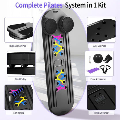 Pilates Board, Foldable Pilates Reformer Set for Home Workout with Timer, 6-in-1 Multifunctional Portable Reformer Pilates Machine at Home Pilates Equipment for Fitness, Exercise, Abs, Core Training