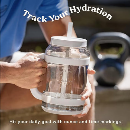 REDUCE WaterDay 80 oz Water Jug with Time/Ounce Markings - Spill-Proof Straw, Durable Tritan - Big Water Bottle for Daily Hydration - Dishwasher Safe, Clear & Easy to Clean, Pink Quartz
