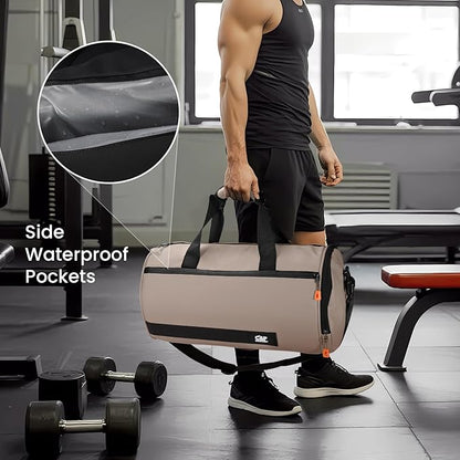 C&F BOGMOST Small Gym Bag for Women & Men,Small Lightweight Duffel Bag Carry On Bags Mini Duffel Travel Bag Waterproof Sports Bags for Workout/Sport/Travel, Khaki,with Shoes Compartment