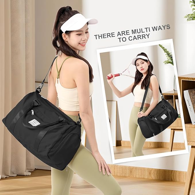Gym Bag for Women Men with Shoes Compartment Sports Duffle Bag Personal item travel Duffel Bags Small Carry on Weekender Overnight Tote Bags Workout Dance Bags Hospital Holdalls Black