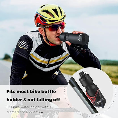 QuiFit Bicycle Water Bottle 24oz, 2-Pack, Lightweight Bike Bottle Leak-Proof, BPA Free, With Nozzle Cover, Fits Most Bike Cages, for Workout, Cycling, Gym, Camping(Black+Black White, 24oz)