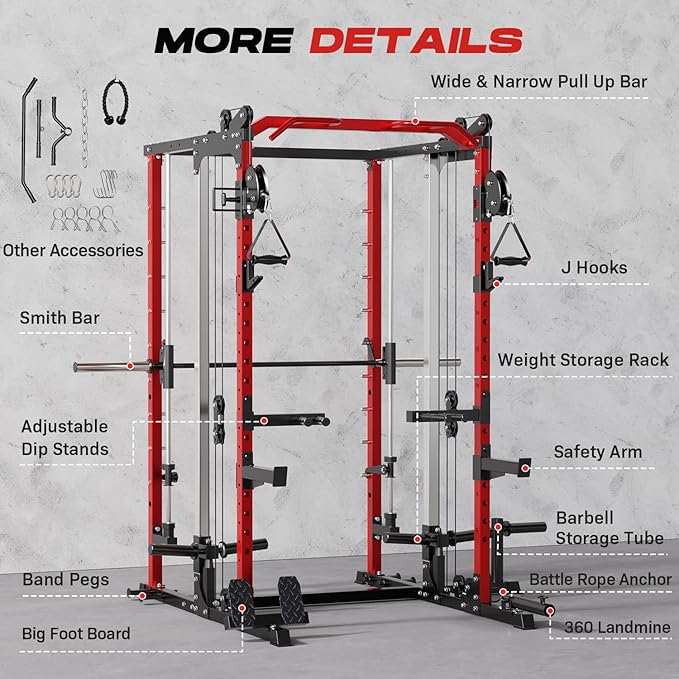 Power Cage Home Gym, Dual Pulley Cable Crossover System, All-in-One Squat Power Rack with Strength Training Attachments for Full-Body Workouts