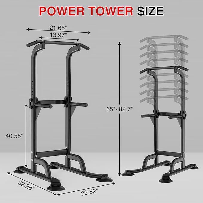 Power Tower Pull Up Bar and Dip Station for Home Gym, Adjustable Pull Up Bar with 300 Lbs Capacity, Free Standing Chin Up Bar for Strength Training, Men Women Teens