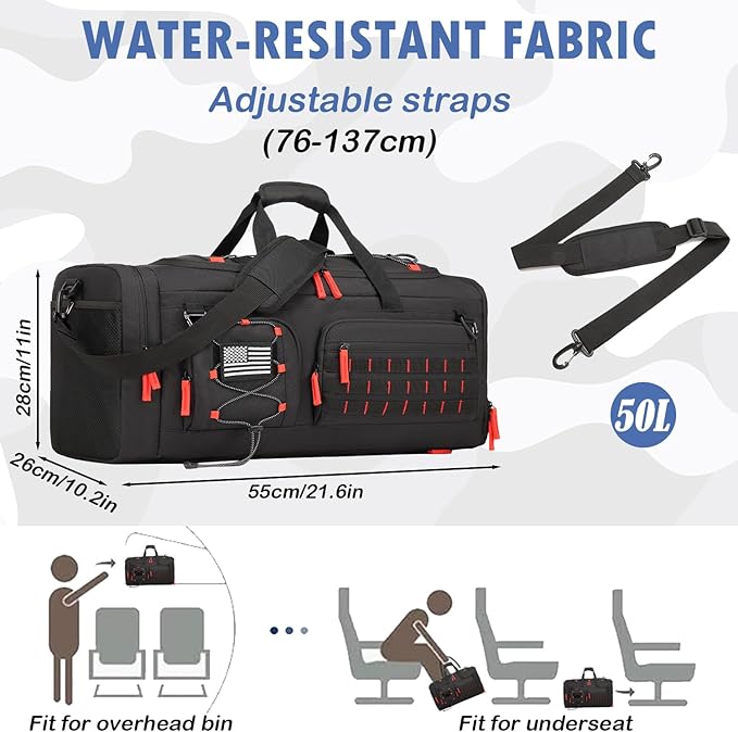 Gym Bag for Men and Women, 50L Extra Large Duffle Bag, 3-in-1 Travel Sports Duffel Bags with Shoe & Laptop Compartment for Overnight Weekender Gym Traveling Workout Deployment, Black+Red
