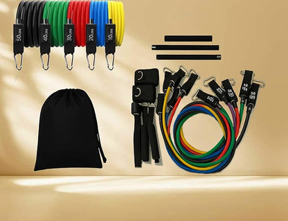 Resistance Bands Set with Steel Bar - 5 Tube Bands, Door Anchor, Handles, Ankle Straps & Carry Bag, Full Body Home Gym Kit