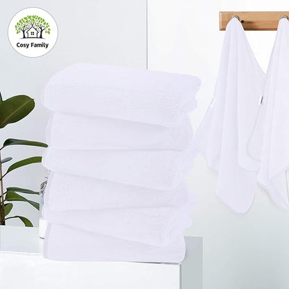 Cosy Family 6 Pack Ultra Soft Microfiber Absorbent Hand Towel, Silk Hemming Towels for Bathroom - Quick Drying - Perfect for Bath, Fitness, Gym, Shower, Hotel, and Spa - 16x28 Inch, White