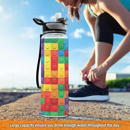 Colorful Building Blocks 32oz Sports Water Bottle with Straw – BPA Free, Leakproof, Reusable, Large Capacity Gym Bottle for Travel, Fitness, Outdoor Use