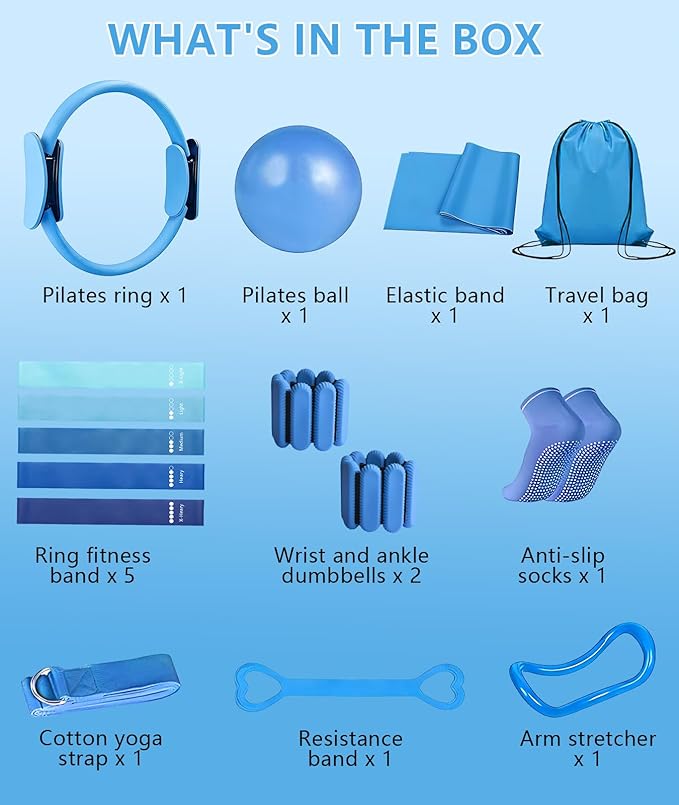 Pilates Ring Set with Adjustable Resistance - Full Body Workout Kit for Women, Portable Travel Bag & Anti-Slip Accessories - Blue
