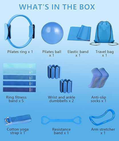 Pilates Ring Set with Adjustable Resistance - Full Body Workout Kit for Women, Portable Travel Bag & Anti-Slip Accessories - Blue