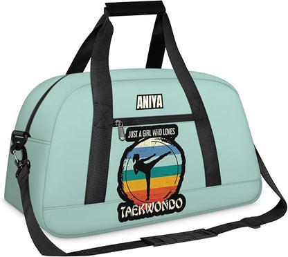 Custom Name Taekwondo Karate Duffle Bag for kids Girls - Personalized Martial Arts Gear Bag, Water-Resistant Sparring Equipment Bag, Taekwondo Cyan