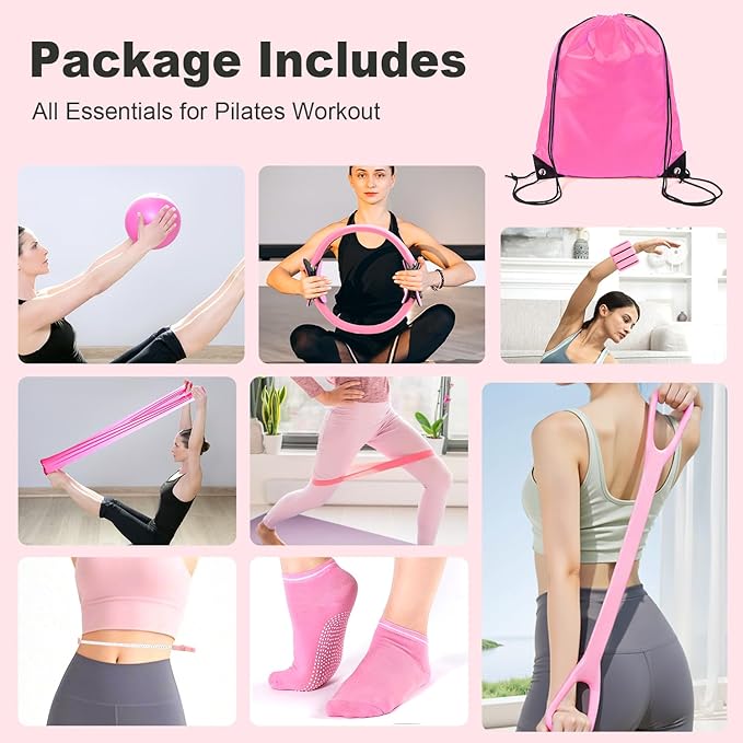 Home Pilates Kit 14 PCS, Pilates Ring and Ball Set with Adjustable Ankle Wrist Weights and Resistance Bands for Women Workout Set, Yoga Essentials Kit Equipment Accessories for Home Workouts