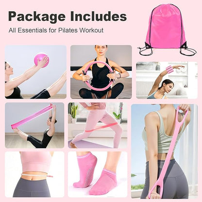 Home Pilates Kit 14 PCS, Pilates Ring and Ball Set with Adjustable Ankle Wrist Weights and Resistance Bands for Women Workout Set, Yoga Essentials Kit Equipment Accessories for Home Workouts