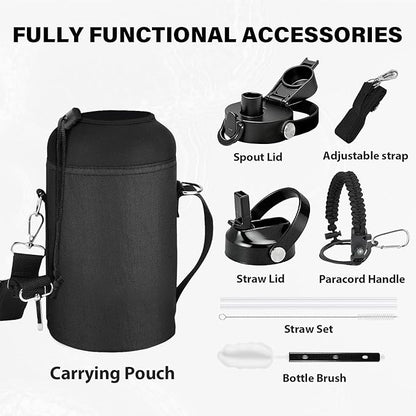 One Gallon Insulated Water Bottle, Triple Wall 128 oz Stainless Steel Wide Mouth Water Bottles (Cold for 48 Hrs), Leak Proof, Non-BPA, Large Water Flask Jug with Paracord Handle & Straw Spout Lids