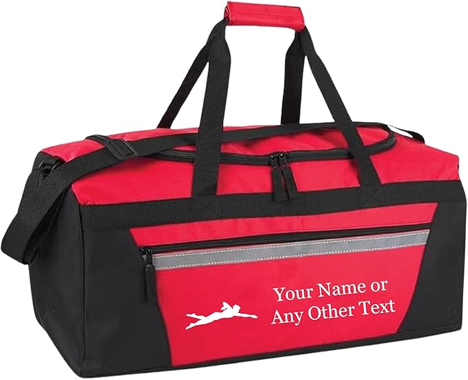 Personalized Sports Duffel Bags for Men and Women - 22” Customized Travel Duffle with Name & Swimming Design - Water Resistant Two-Toned Overnight Weekender Bag - Red