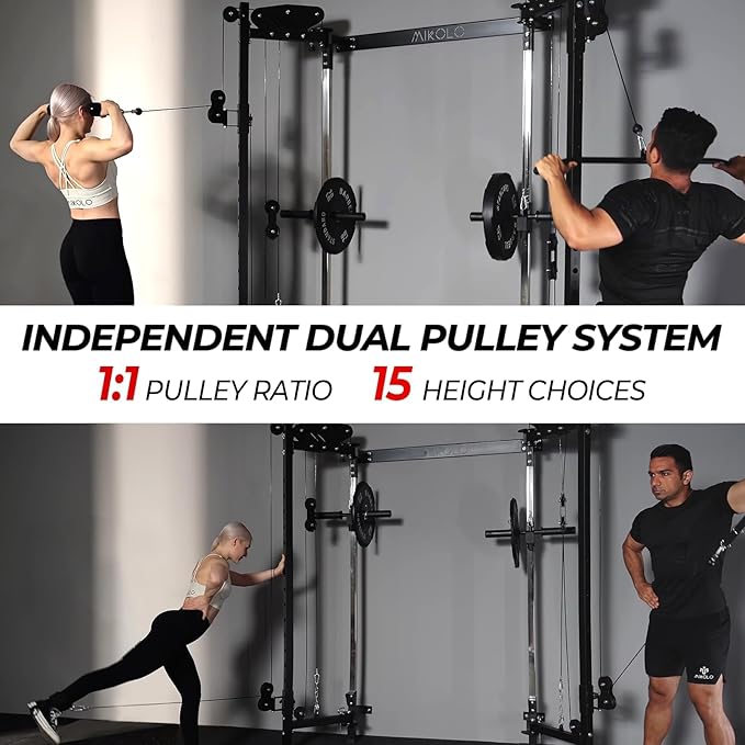 Mikolo Folding Squat Rack, Wall Mounted Power Rack with Cable Crossover Machine & LAT Pull Down, Functional Trainer with 5 Adjustable Function Modes, for Home Gym and Space Saving