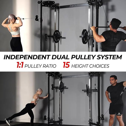 Mikolo Folding Squat Rack, Wall Mounted Power Rack with Cable Crossover Machine & LAT Pull Down, Functional Trainer with 5 Adjustable Function Modes, for Home Gym and Space Saving