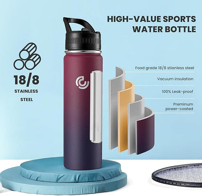 COKTIK 22oz Sports Water Bottle, Stainless Steel Water Bottle for Insulated, Reusable Travel Bottle, With Straw, With Handle Grip for Easy Carrying, Suitable for Cycling, Outdoor Vacations(Midnight)