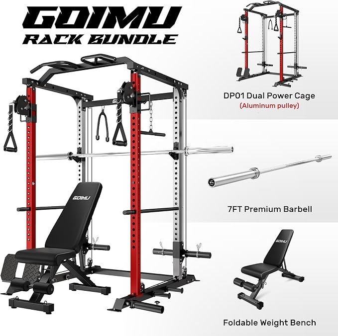 DP01 Power Cage, 2000LBS Squat Rack with with Cable Crossover and Dual Independent Pulley System, Full Cage for Full Body Training, Power Rack with More Training Attachments for Home Gym