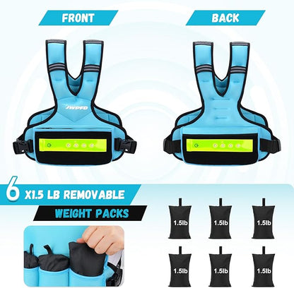 Adjustable Weighted Vest for Women Men, 6-15 Lbs/12-18 Lbs Rucking Vest with LED Light Strips, Weight Vest with 6 Ironsand Weights, and Zipper Pocket for Strength Training, Walking, Running