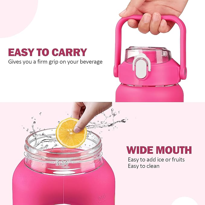 kytffu 64oz Glass Water Bottles with Straw, Half Gallon Motivational Glass Bottle with Silicone Sleeve and Time Marker, 2L Leakproof Large Glass Water Jug for Gym Home Office, Rose Red