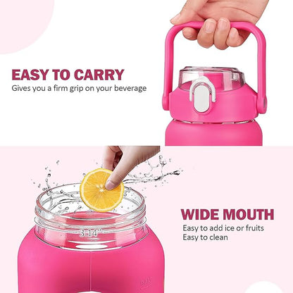 kytffu 64oz Glass Water Bottles with Straw, Half Gallon Motivational Glass Bottle with Silicone Sleeve and Time Marker, 2L Leakproof Large Glass Water Jug for Gym Home Office, Rose Red