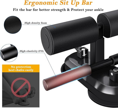 Sit Up Bar Floor, Portable Sit Up Exercise Equipment with 2 Strong Suction Cups and Adjustable Foot Holder, Abs Master Assistant Device for Home Workout with Massage Roller