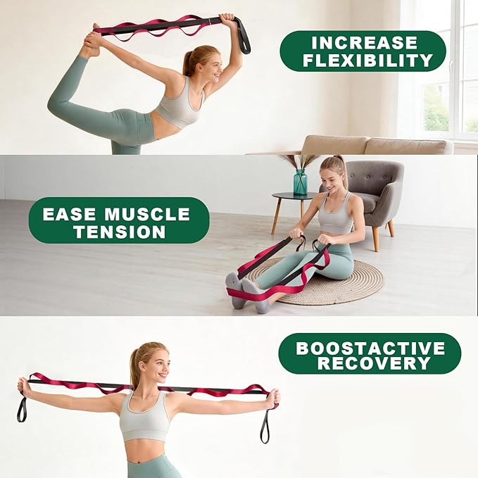 Stretching Strap with 10 Loops – Non-Elastic Yoga Strap for Physical Therapy, Knee Replacement Recovery & Plantar Fasciitis – Leg Stretcher Band for Flexibility & Hamstring Rehab