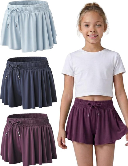 3 Pack Girls Flowy Shorts with Spandex Liner 2-in-1 Youth Butterfly Skirts for Fitness, Running, Sports