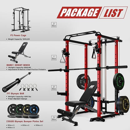 RitFit Multi-Function Garage & Home Gym Package Includes 1200LBS Power Cage PPC03/P3 with Cable Crossover System, Weight Bench, Olympic Barbell Weight Set, Full Body Workout