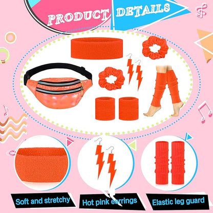 80s Neon Workout Costume Accessories Set 10 PCS Leg Warmers for Women 80s Headband Wristband Fanny Pack for Yoga Running