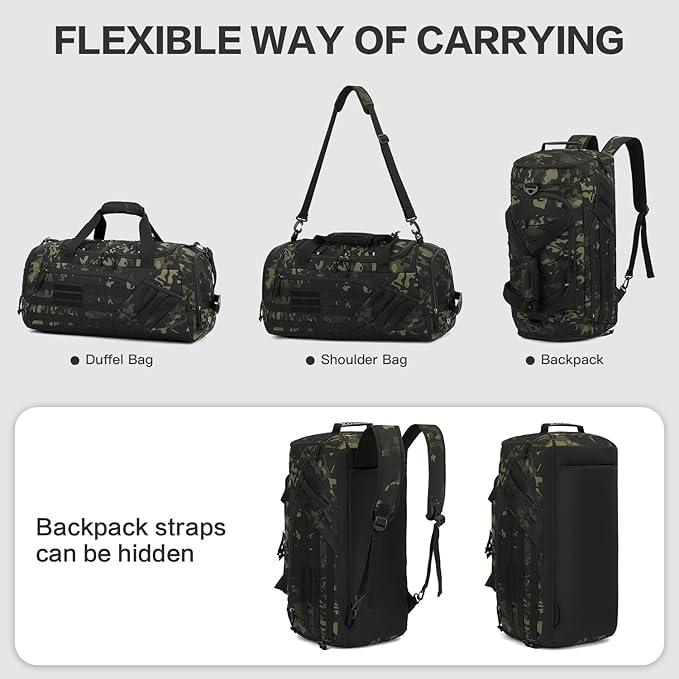 3-in-1 Tactical Gym & Travel Duffle Bag Backpack Men Multi-Functional 45L Military Sports Duffle Bag with Shoe Compartment & Wet Pocket for Workout Weekender Overnight Bag with Molle Webbing, Camo