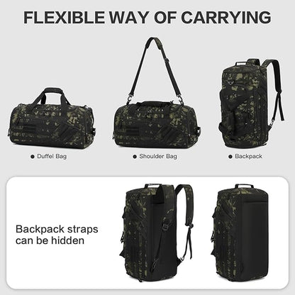 3-in-1 Tactical Gym & Travel Duffle Bag Backpack Men Multi-Functional 45L Military Sports Duffle Bag with Shoe Compartment & Wet Pocket for Workout Weekender Overnight Bag with Molle Webbing, Camo