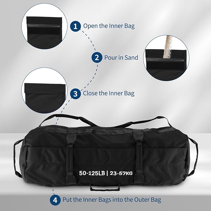 Adjustable Fitness Sandbags with Handles, Heavy Duty Sand Bags for Weight Training, Powerlifting, and Full-Body Exercise, Includes Unfilled Inner Bag