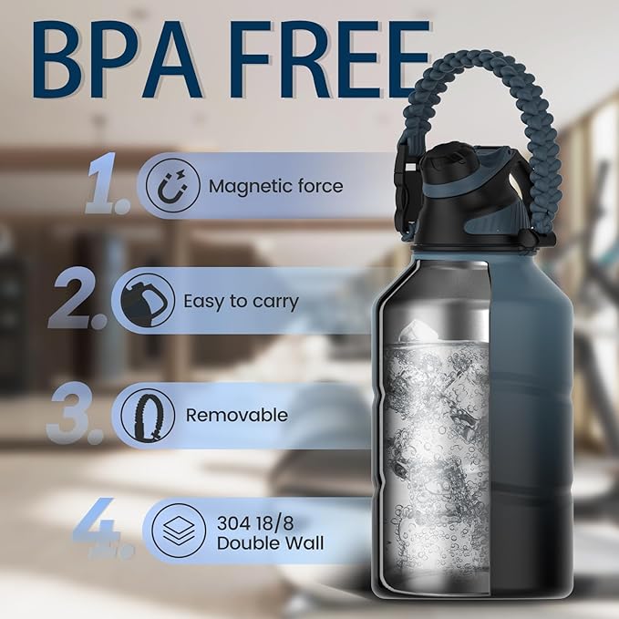 Fjbottle Insulated Half Gallon Water Bottle 64oz with Magnetic Lid,Stainless Steel Double-Wall Vacuum Leak Proof Sports Insulated Jug Keep Water Hot & Cold for Outdoor,Gym Blueblack