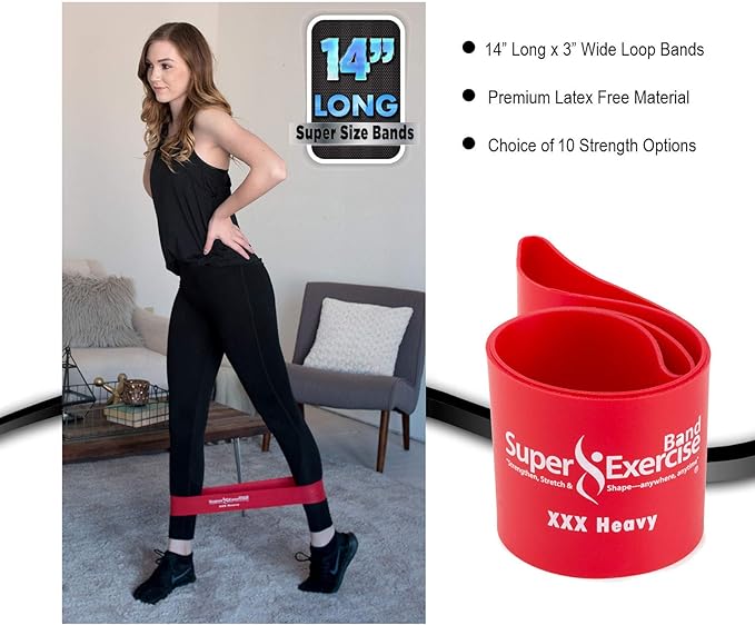 USA 14" x 3" Extra Long Latex Free Mini Loop Bands in 3, 5, 10 Pack Sets. 10 Strengths for Resistance Training, Stretching, Yoga, Toning. Plus an Exclusive iPhone App and E-Book.