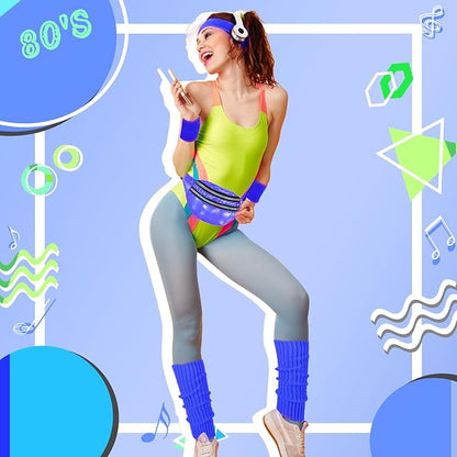 80s Neon Workout Costume Accessories Set 10 PCS Leg Warmers for Women 80s Headband Wristband Fanny Pack for Yoga Running