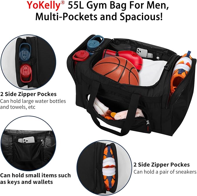 Gym Bag 22 inch Sport Duffle Bag for Men - 55L Weekender Duffel Bag for Travel 22“×12”×13“ - Black