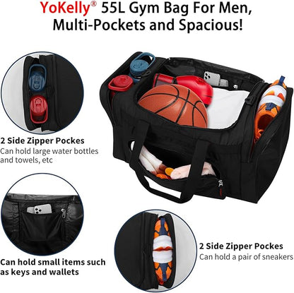 Gym Bag 22 inch Sport Duffle Bag for Men - 55L Weekender Duffel Bag for Travel 22“×12”×13“ - Black
