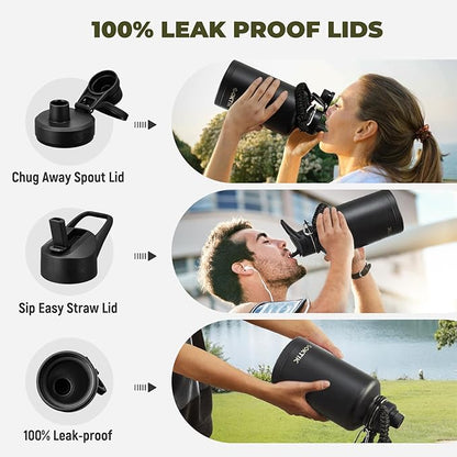 COKTIK 64oz Insulated Water Bottle - Stainless Steel Vacuum Metal, Portable ½ Gallon Large-Capacity Sports Bottle with Straw, Carry Bag and Handle Strap, Ideal for Gym & Hiking(Black)