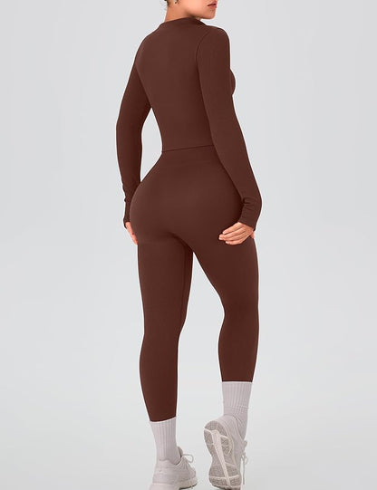 OLCHEE Womens Workout Sets 2 Piece Seamless Ribbed Long Sleeve Yoga Outfits High Waist Leggings Zipper Jacket Thumb Hole Gym