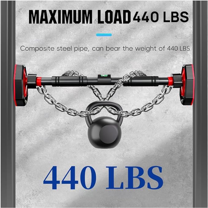 Pull Up Bar for Doorway, Strength Training Chin Up Bar with Level Meter Adjustable 25.5"- 39.3" Width Locking Mechanism Pull-up Bars, No Screws, Max Load 440lbs for Home Gym Door Frame Workout