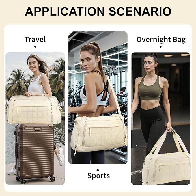 MOSISO Gym Bag for Women, Travel Duffle Weekender Overnight Workout Carry on Gym Duffle Bag with Shoe Compartment&Wet Pocket&Front Quilted Grid Pocket for Fitness, Yoga, Weekend, Beige